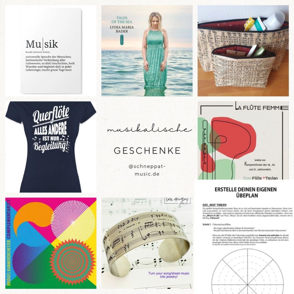 Eine Collage mit musikalischen Geschenk-Ideen: links oben Poster mit Definition Musik, im Uhrzeigersinn folgt CD Tales of the Sea mit Meer und Lydia Maria Bader im türkisfarbenen Kleid, 2Taschen aus altem Notenpapier, CD La Flöte Femme mit Flöte und Flügel als Strichzeichnung, Übeplan, Edelsthl-Armband mit Noten, CD Complementary mit farbigen grafischen Mustern auf 4-farbigen Hintergrund, schwarzes T-Shirt Querflöte