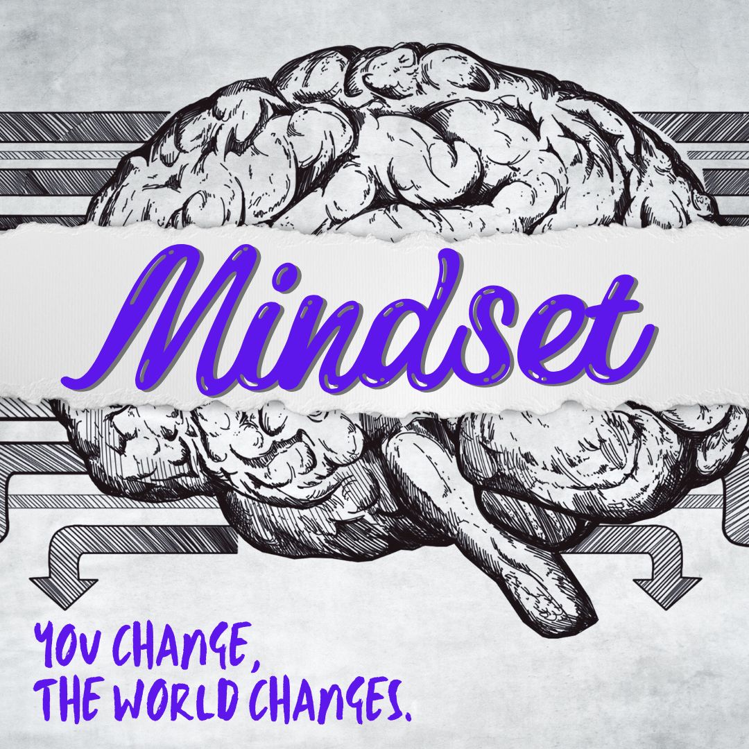 Im Hintergrund schwarz gezeichnet ein Gehirn auf breiten, schraffierten Pfeilen. Im Vordergrund in lilafarbener Schreibschrift "Mindset - you change, the world changes.